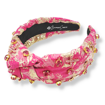 Gold and Pink Metallic Headband with Pink Crystals and Crosses