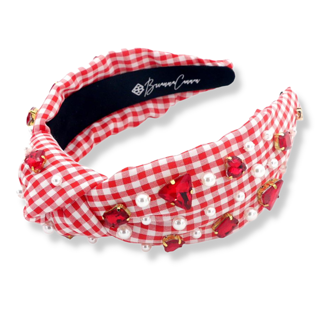 Red and White Gingham Headband with Crystals and Pearls