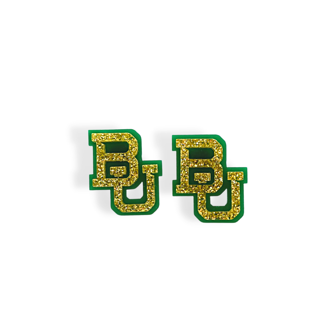 Gold Glitter and Green Baylor Logo Studs