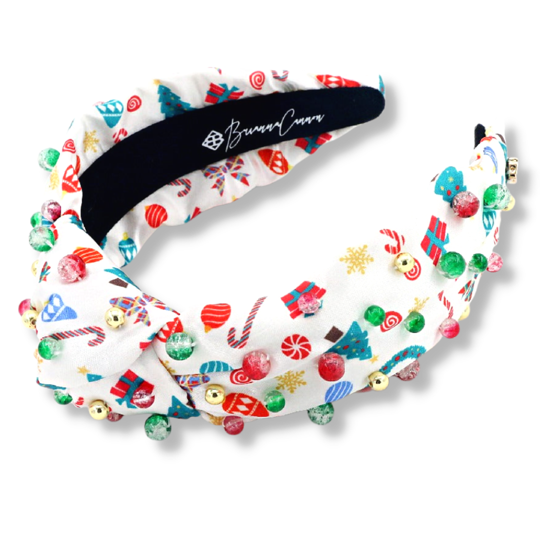 Adult Size White Satin Headband with Christmas Print
