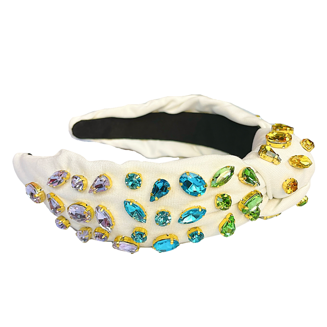 Adult Size Ivory Headband with Rainbow Gradient Hand-Sewn Crystals