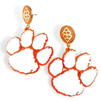 White and Orange Clemson Paw Earrings