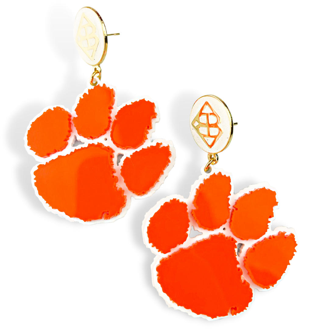 Orange and White Clemson Paw Earrings
