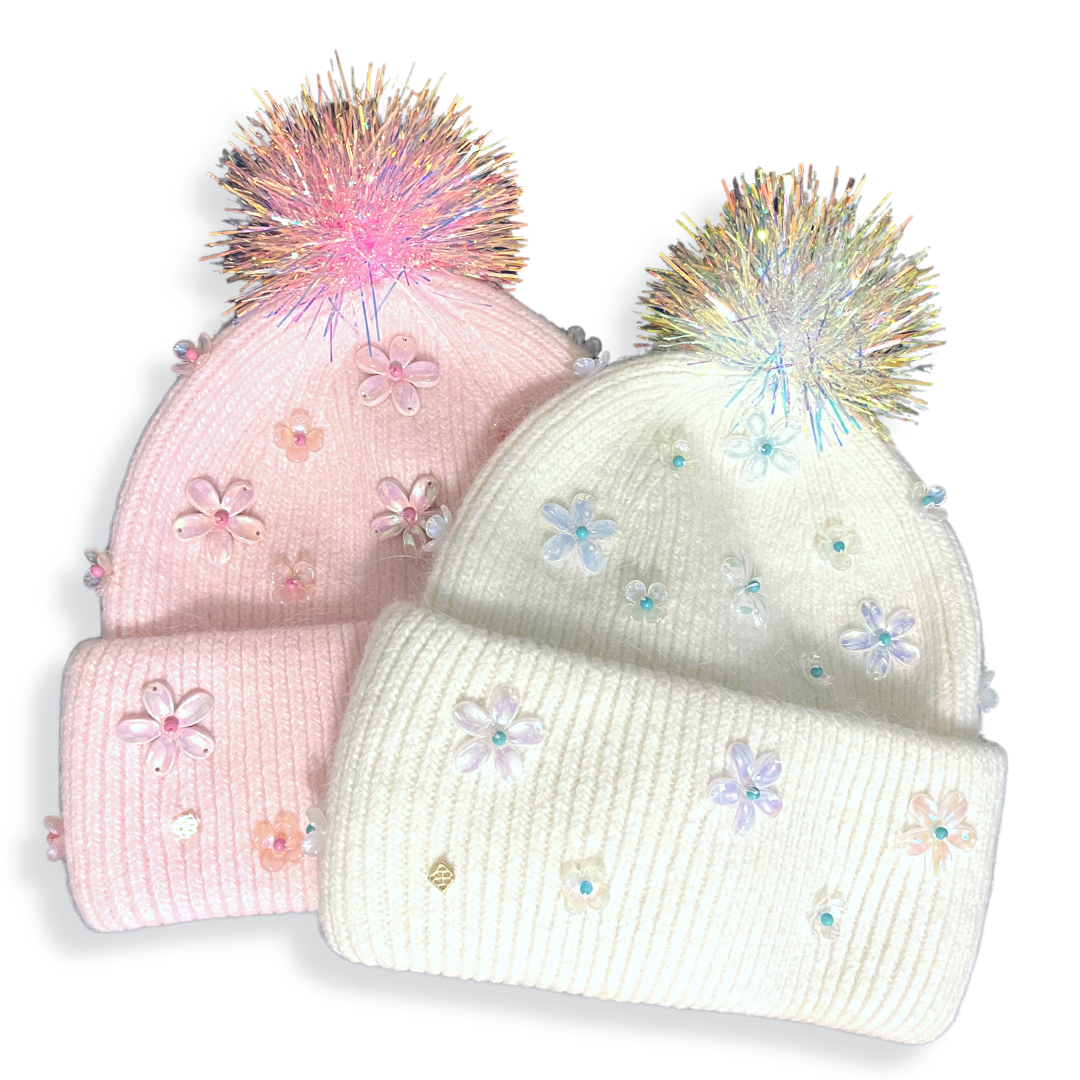 White Cashmere Beanie with Flowers and Iridescent PomPom