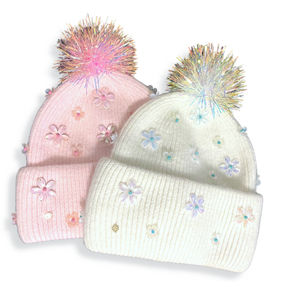 Pink Cashmere Beanie with Flowers and Iridescent PomPom