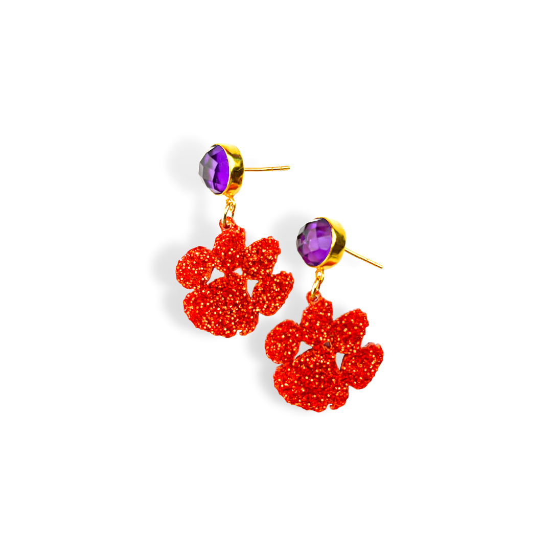 Mini Orange Glitter Clemson Paw Earrings