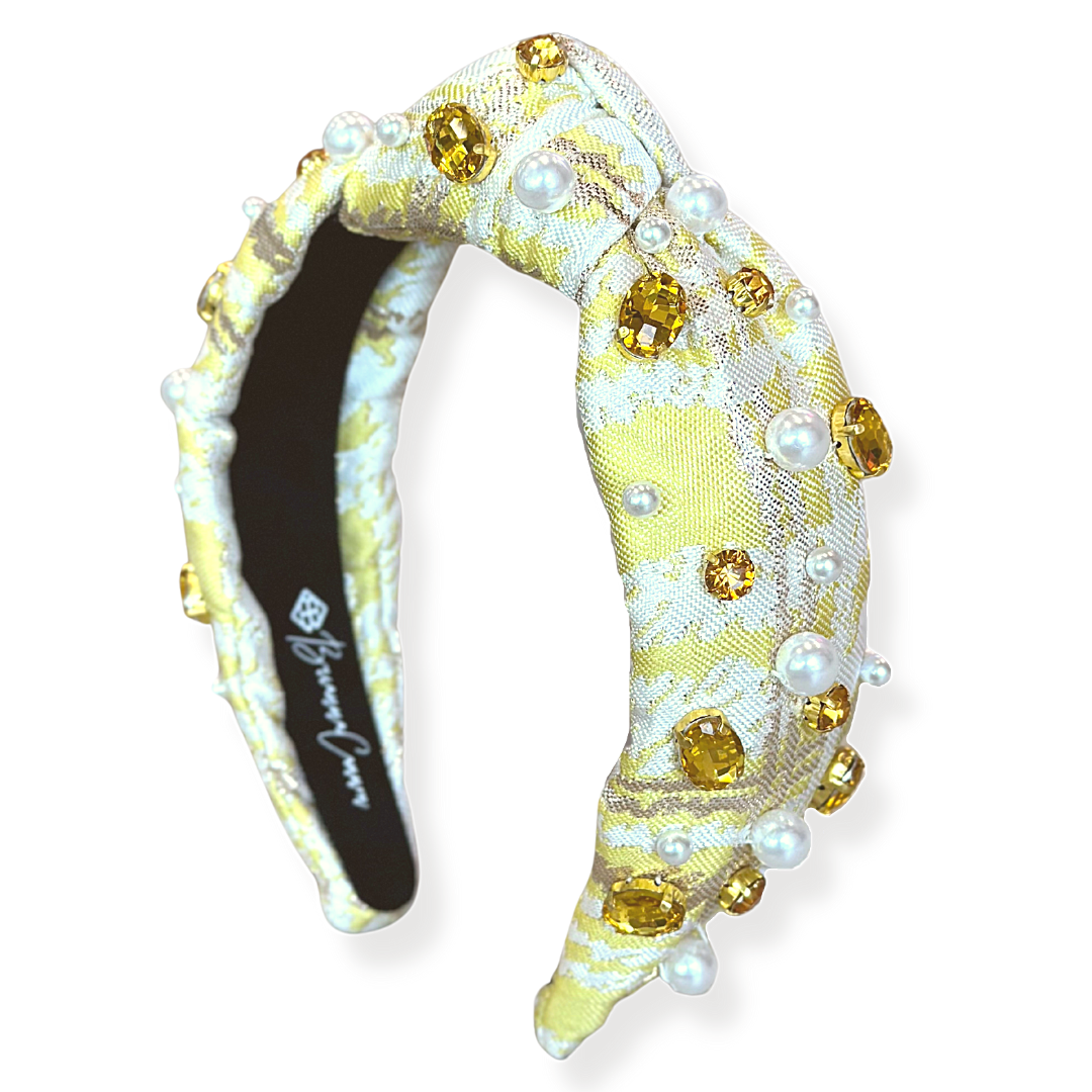 Yellow Jacquard Metallic Headband with Crystals and Pearls