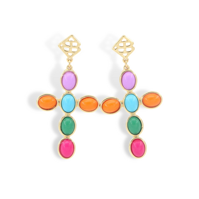 Multicolor Cabochon Cross Earrings