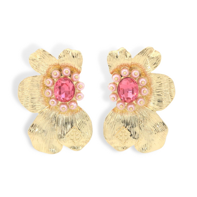 Golden Bloom Statement Earrings in Pink