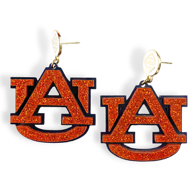 Orange Glitter and Navy AU Logo Earrings