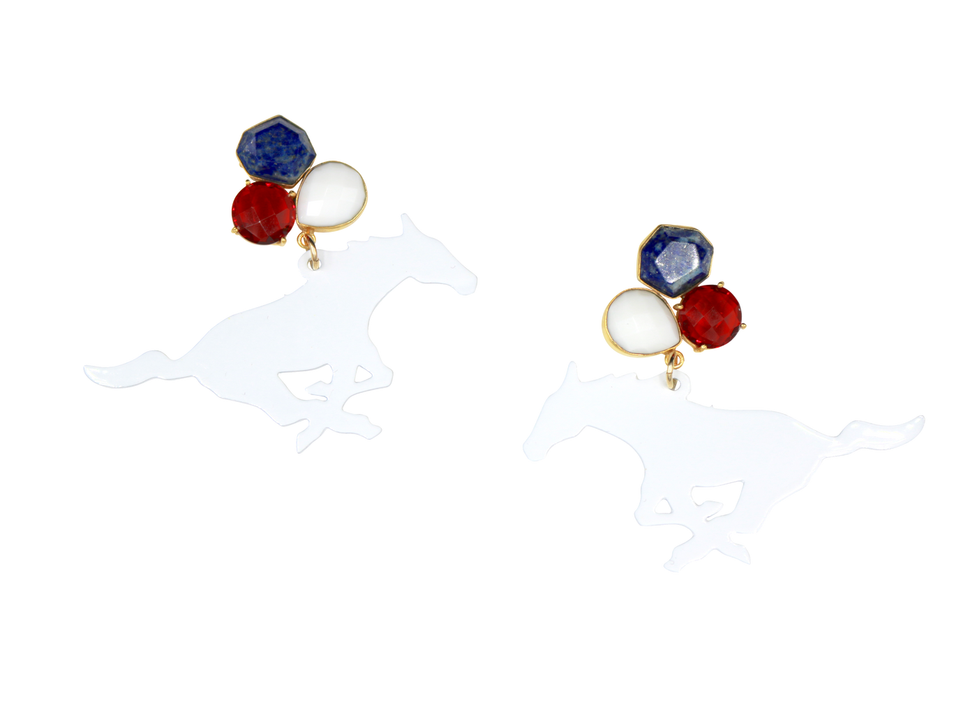 SMU White Mustang Earrings with 3 Gemstones