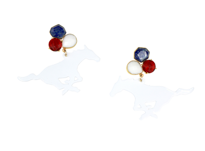 SMU White Mustang Earrings with 3 Gemstones