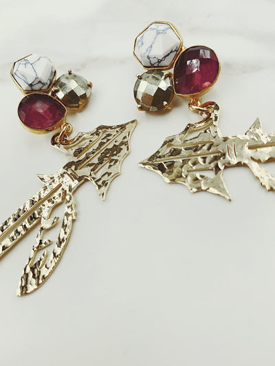 FSU Gold Spear Earrings with 3 Gemstones