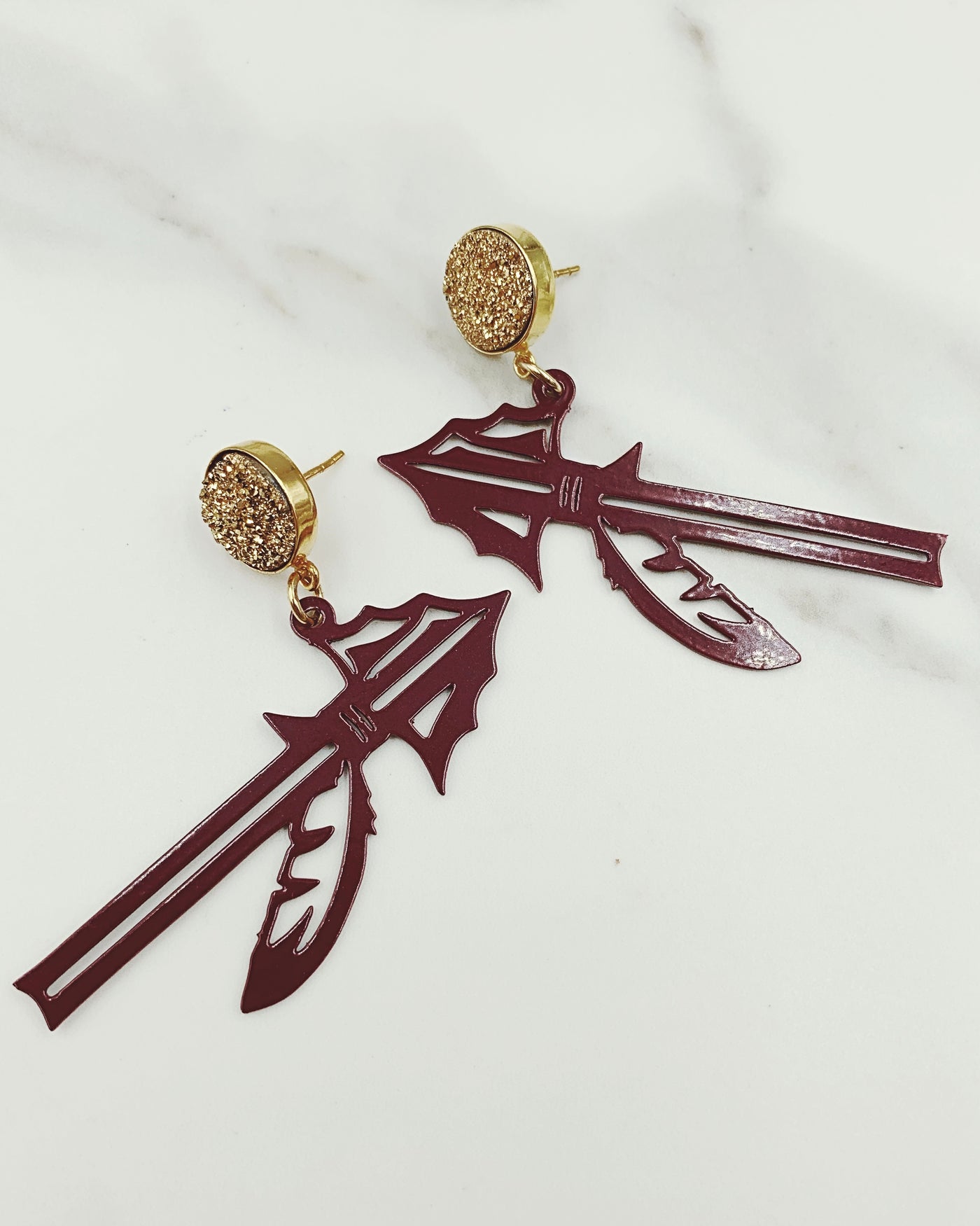 FSU Garnet Spear Earrings with Gold Druzy