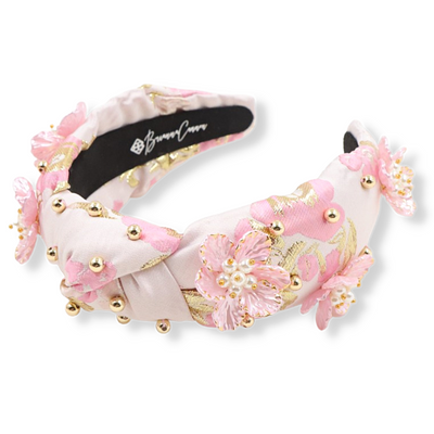 Pink & Gold Brocade Floral Headband with 3D Flowers