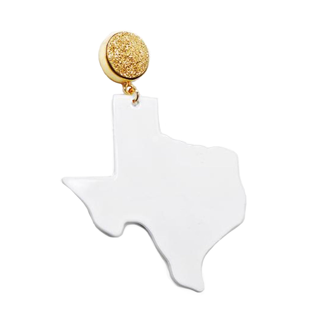 Texas Proud White Shape of Texas Earrings with Gold Druzy