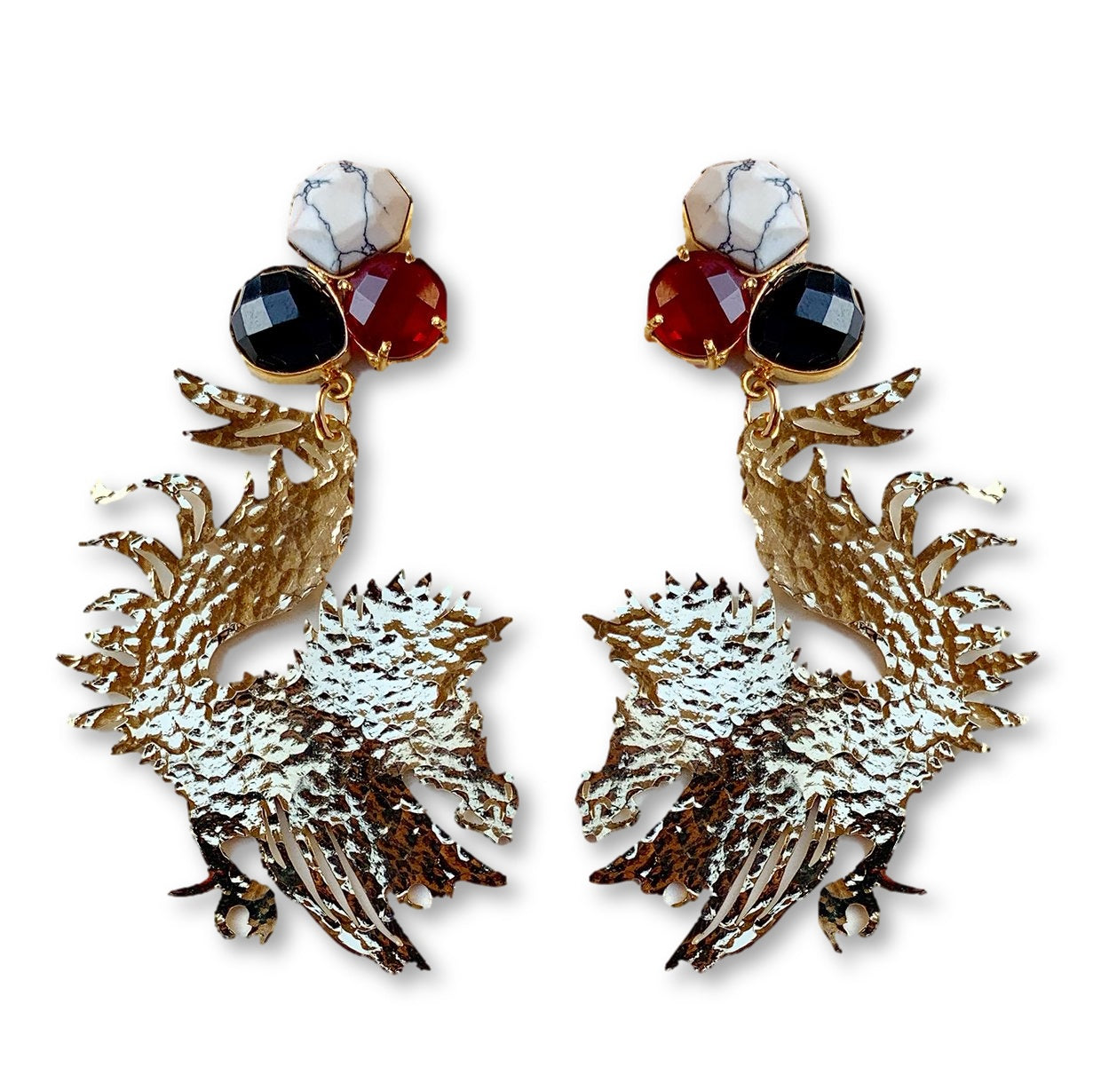 South Carolina Gold Gamecock Earrings with 3 Gemstones
