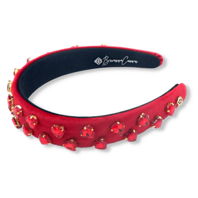 Thin Red Velvet Headband with Red Heart Crystals