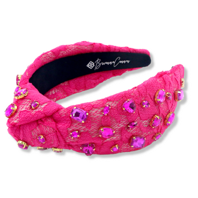 Hot Pink Lace Headband with Crystals