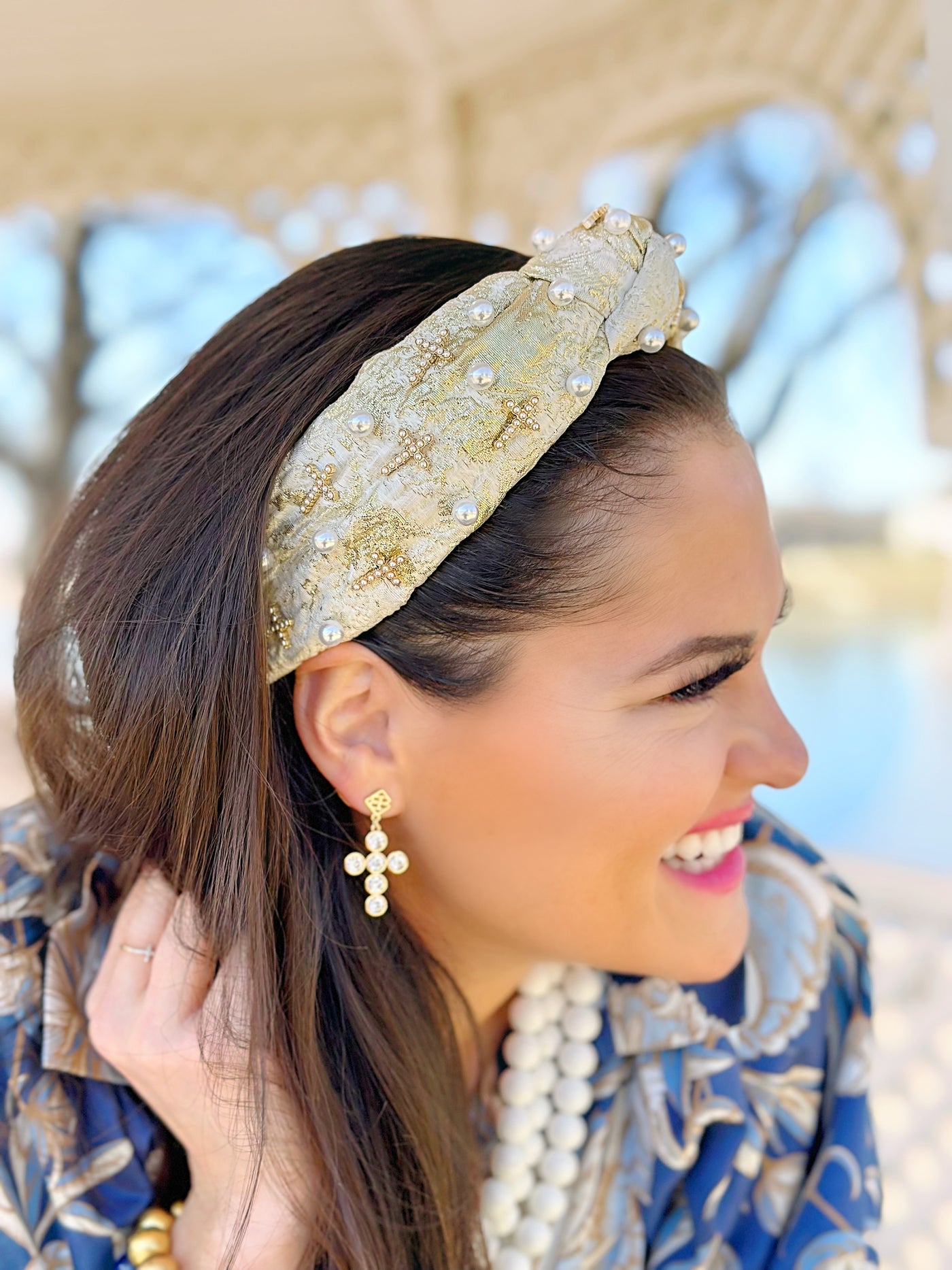 Gold and Ivory Metallic Headband with Pearls and Crosses