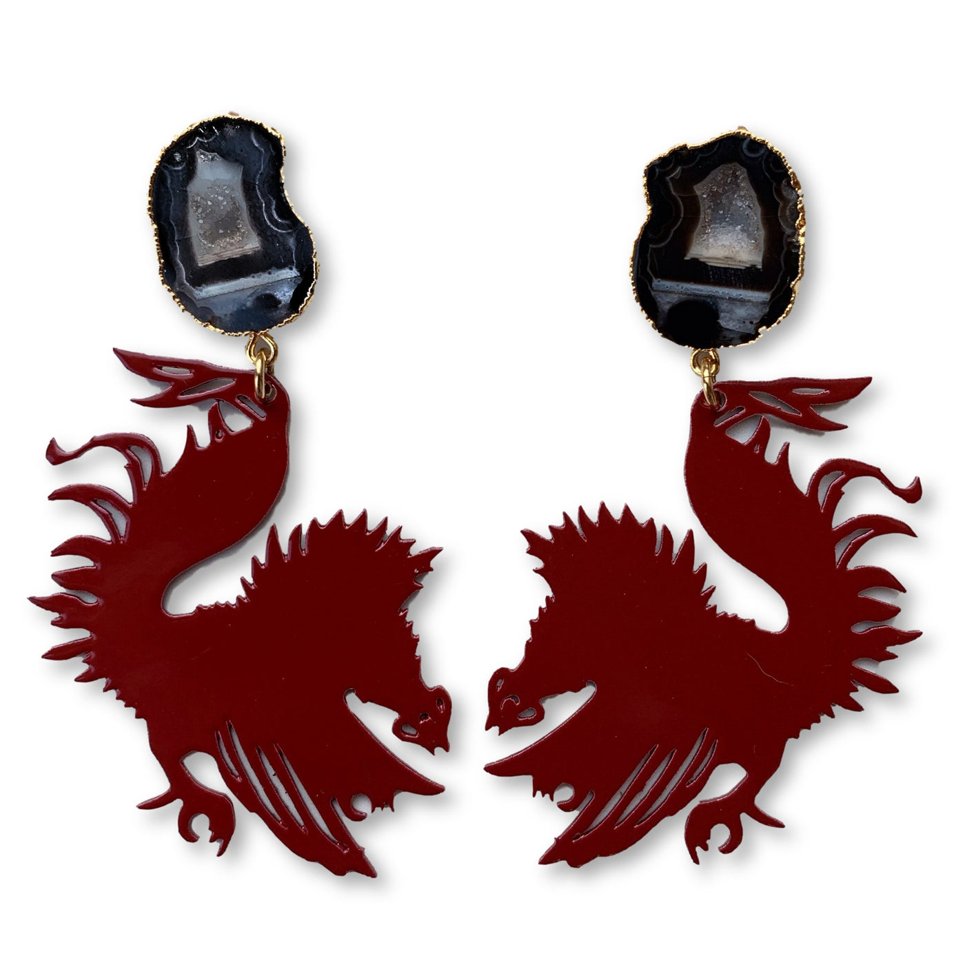 South Carolina Garnet Gamecock Earrings with Black Geode