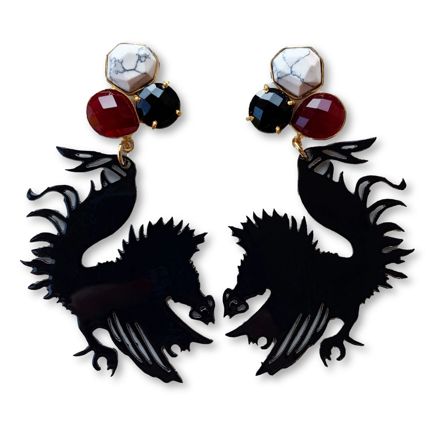 South Carolina Black Gamecock Earrings with 3 Gemstones