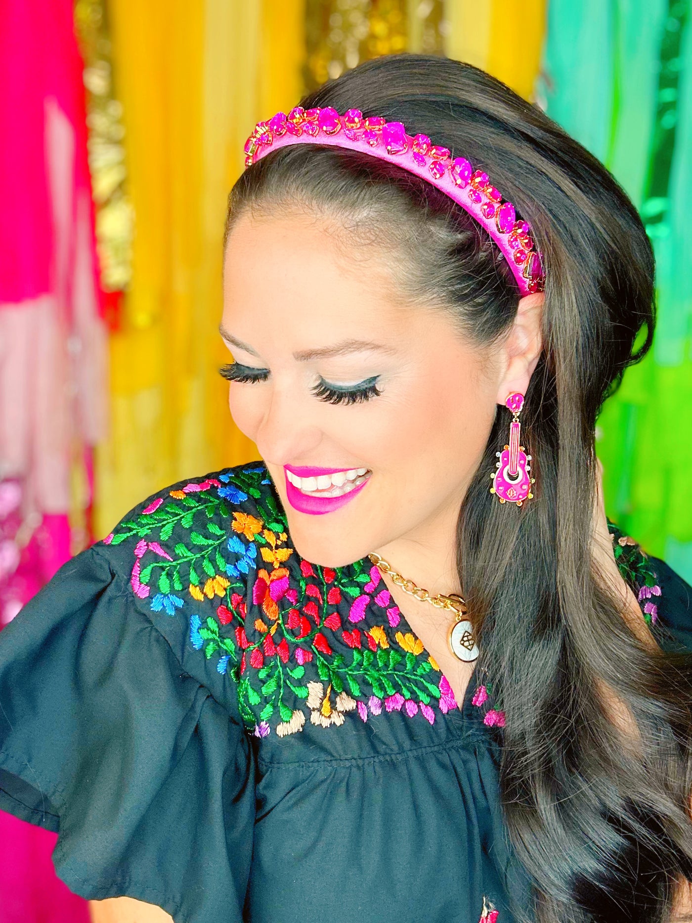 Thin Hot Pink Headband with Hot Pink Hand-Sewn Crystals