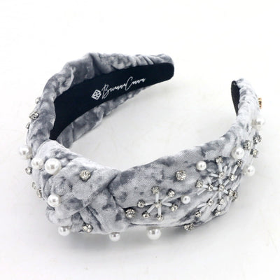 Crushed Velvet Headband with Crystal Snowflakes and Pearls