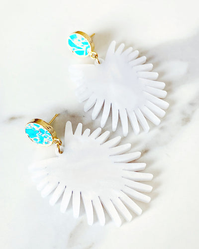 Spray Palm Earrings - White Pearl Acrylic with Gold Plated Turquoise