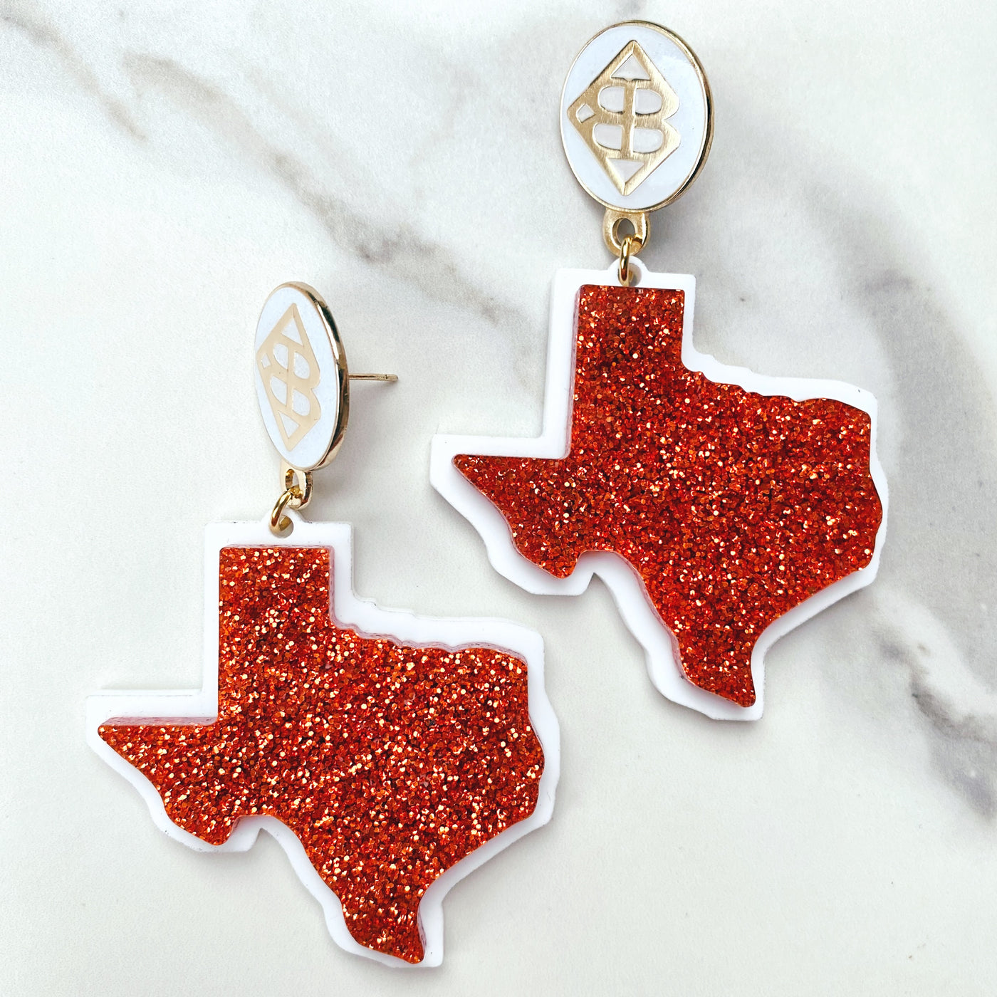 Texas Proud - Orange Glitter Shape of Texas over White with White Large Logo Top