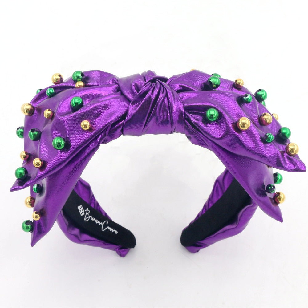 Adult Size Purple Mardi Gras Side Bow Headband with Beads