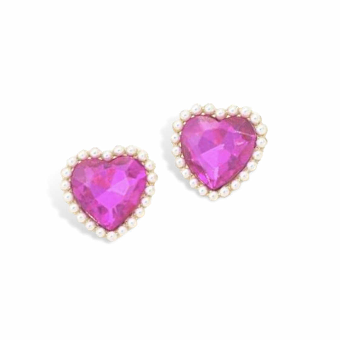 Hot Pink Crystal and Pearl Heart Studs