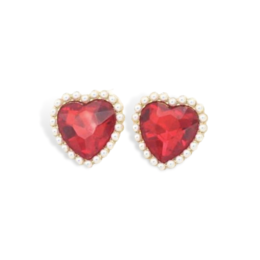 Red Crystal and Pearl Heart Studs