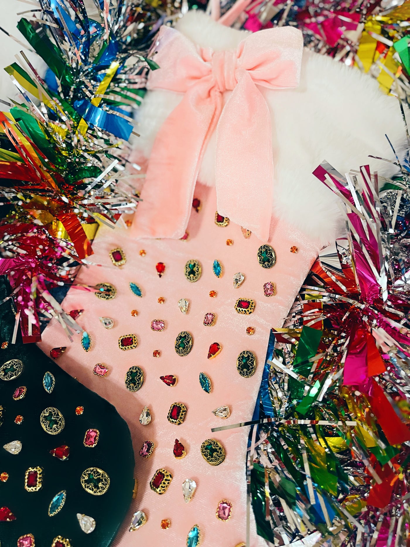 Pink Bejeweled Velvet Christmas Stocking with Bow