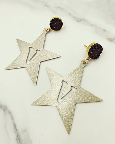 Vanderbilt Gold Tone Star Earrings with Black Druzy