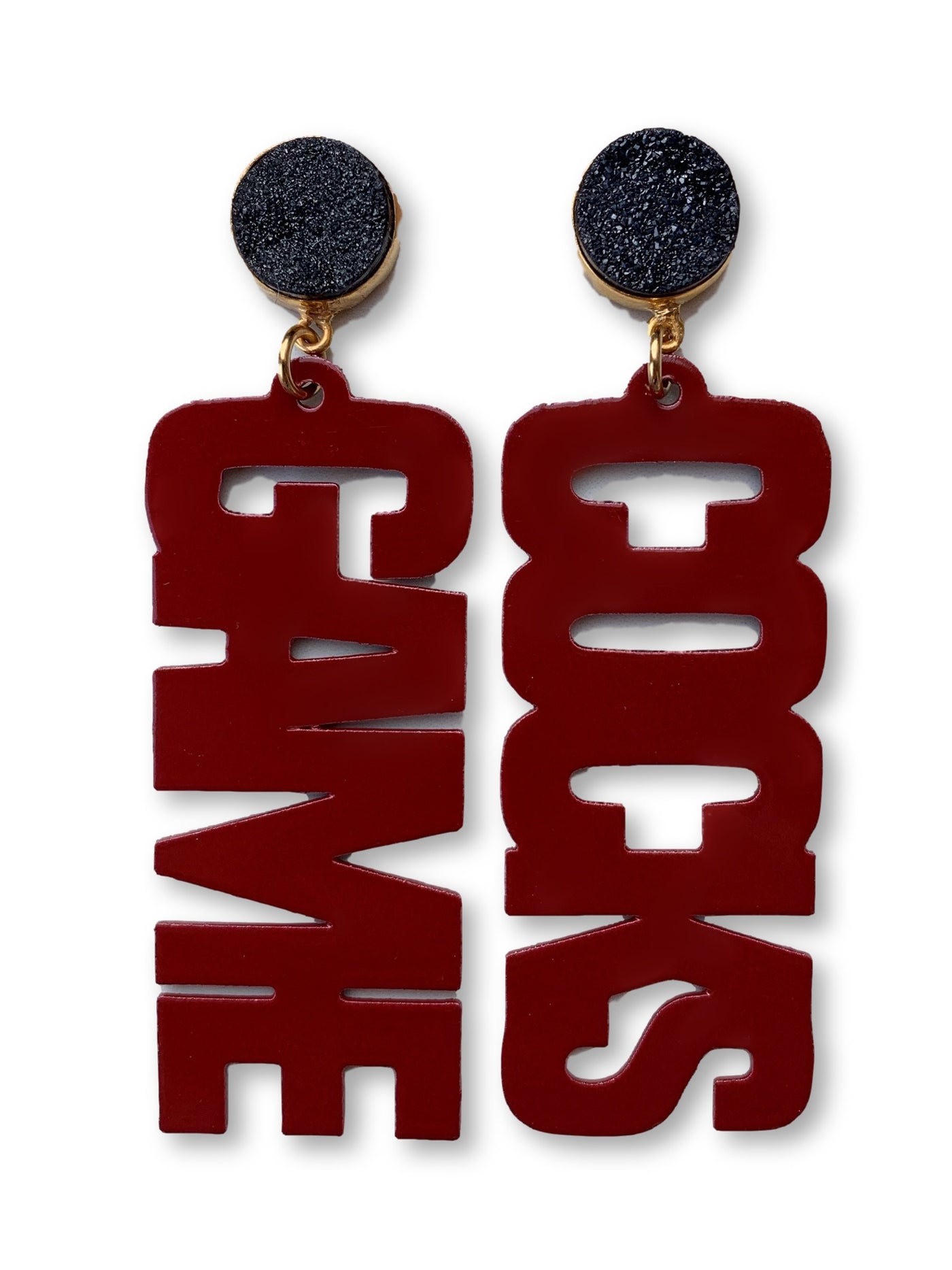 South Carolina Garnet "GAME COCKS" Earrings with Black Druzy