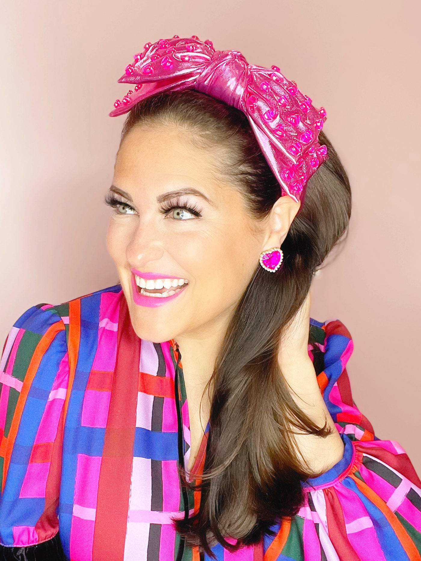 Adult Size Pink Bow Headband with Heart Beads