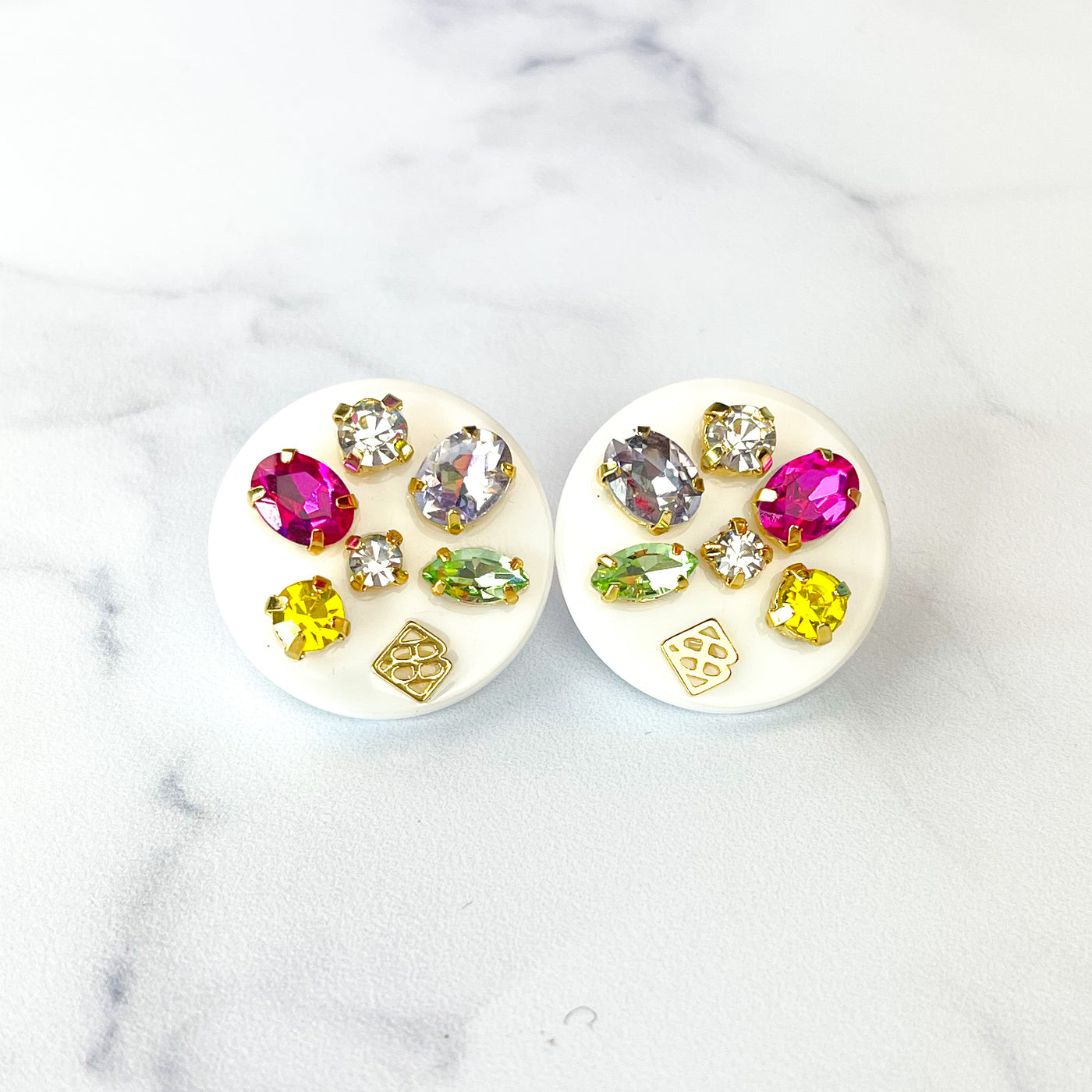 White Resin Dot Studs with Rainbow Crystals