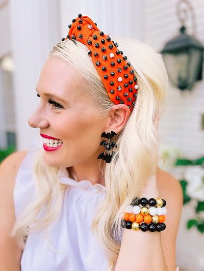 Orange Twill Headband with Black & White Hand-Sewn Beads