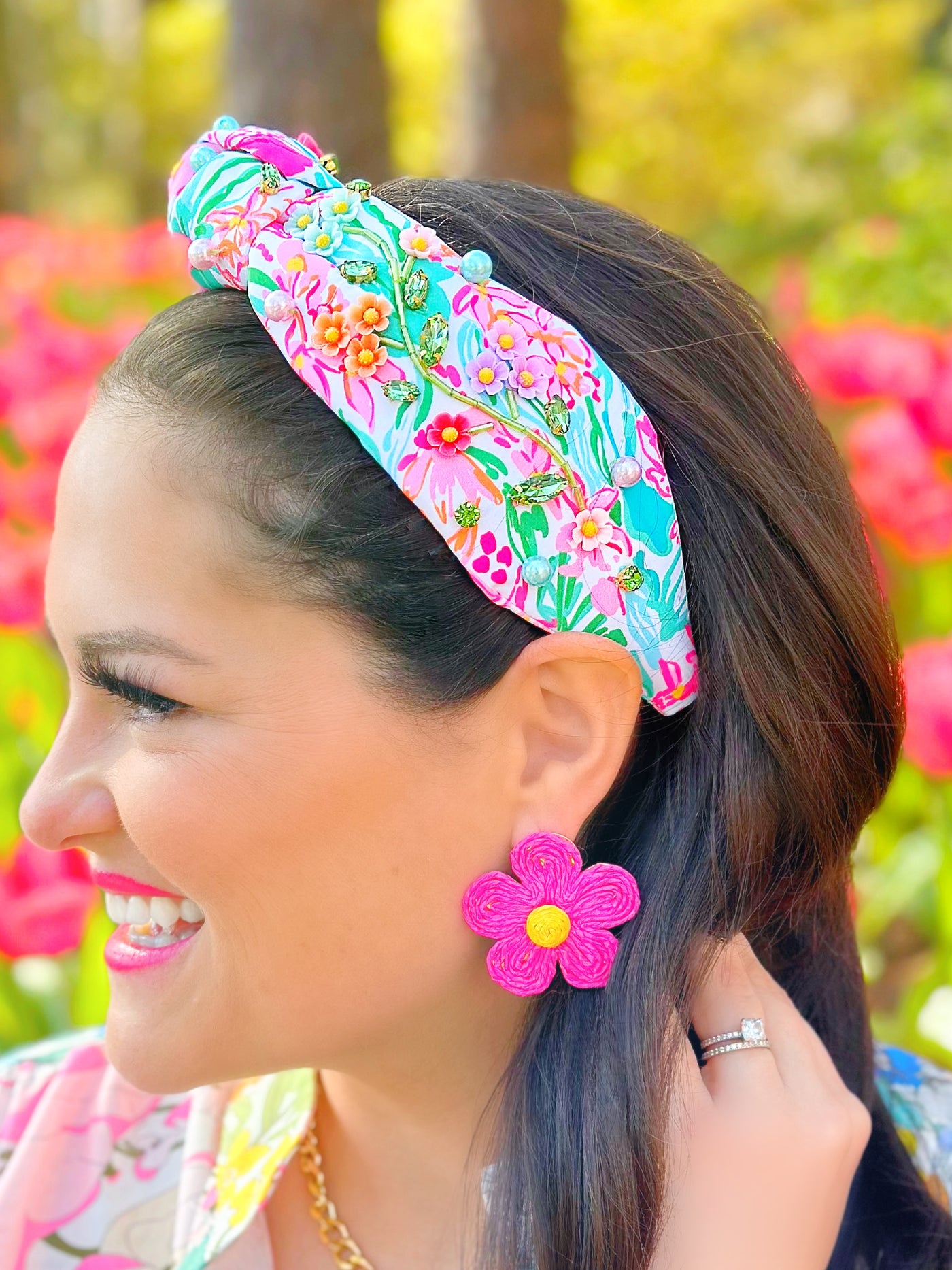 Spring Flower Garden Headband with Crystals and Pearls