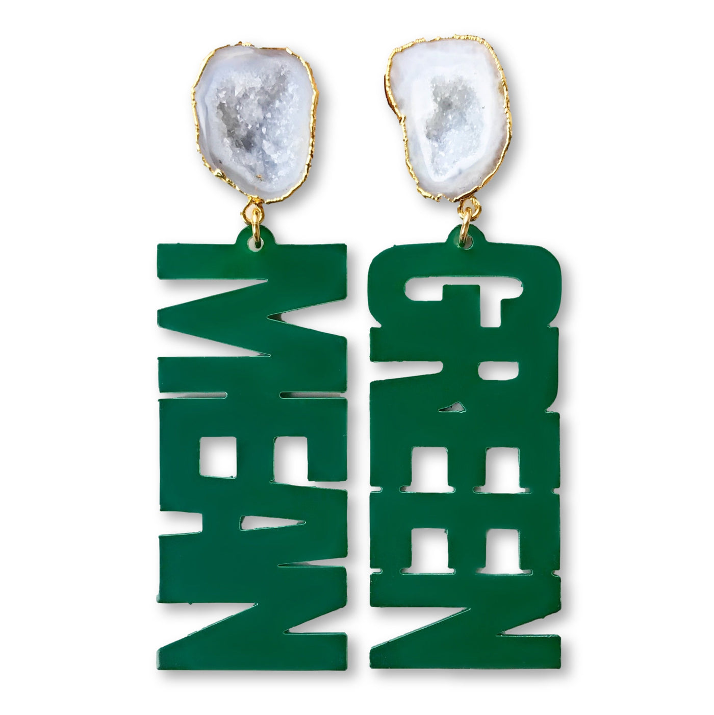 UNT Green "MEAN GREEN" Earrings with White Geode
