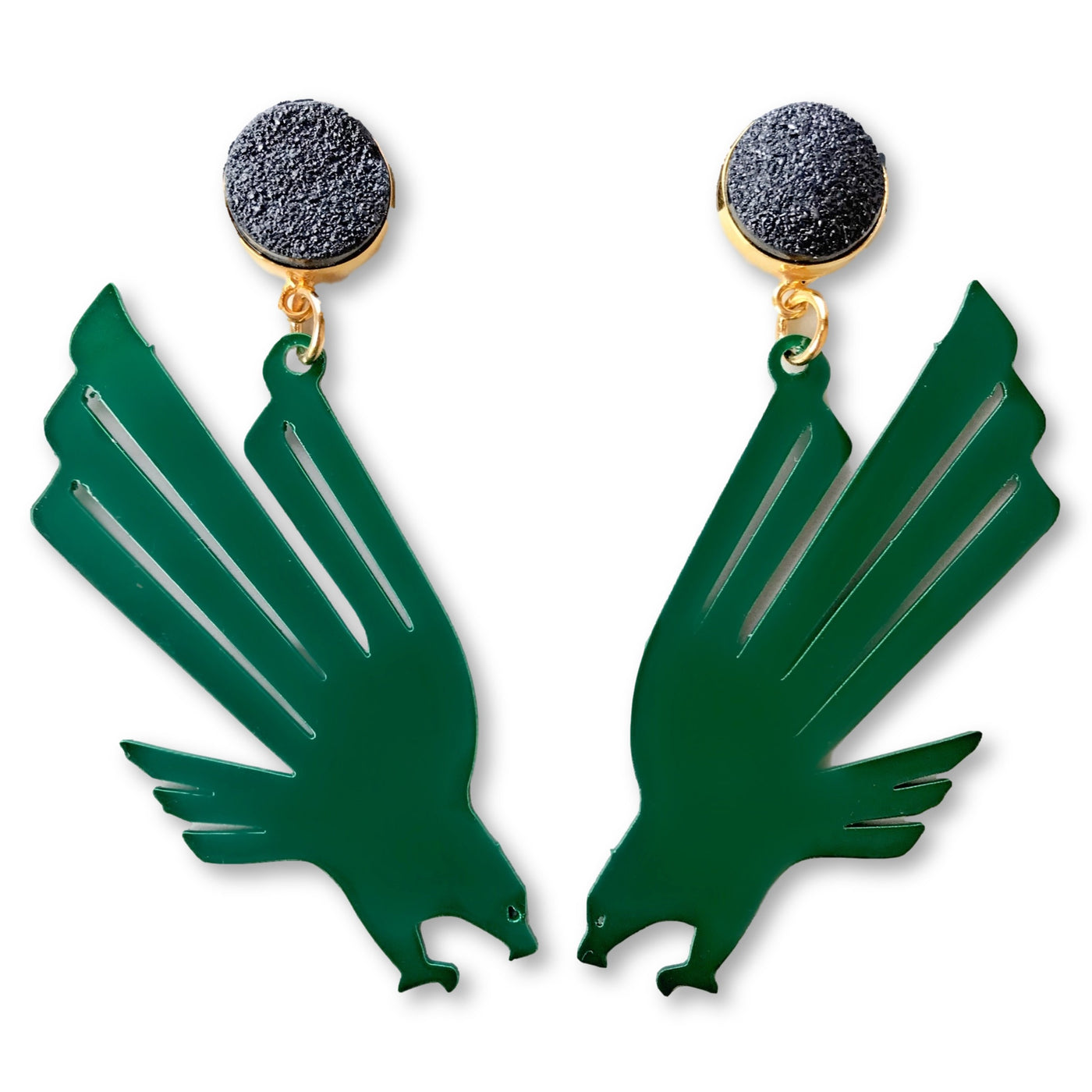 UNT Green Eagle Logo Earrings with Black Druzy