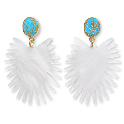Spray Palm Earrings - White Pearl Acrylic with Gold Plated Turquoise