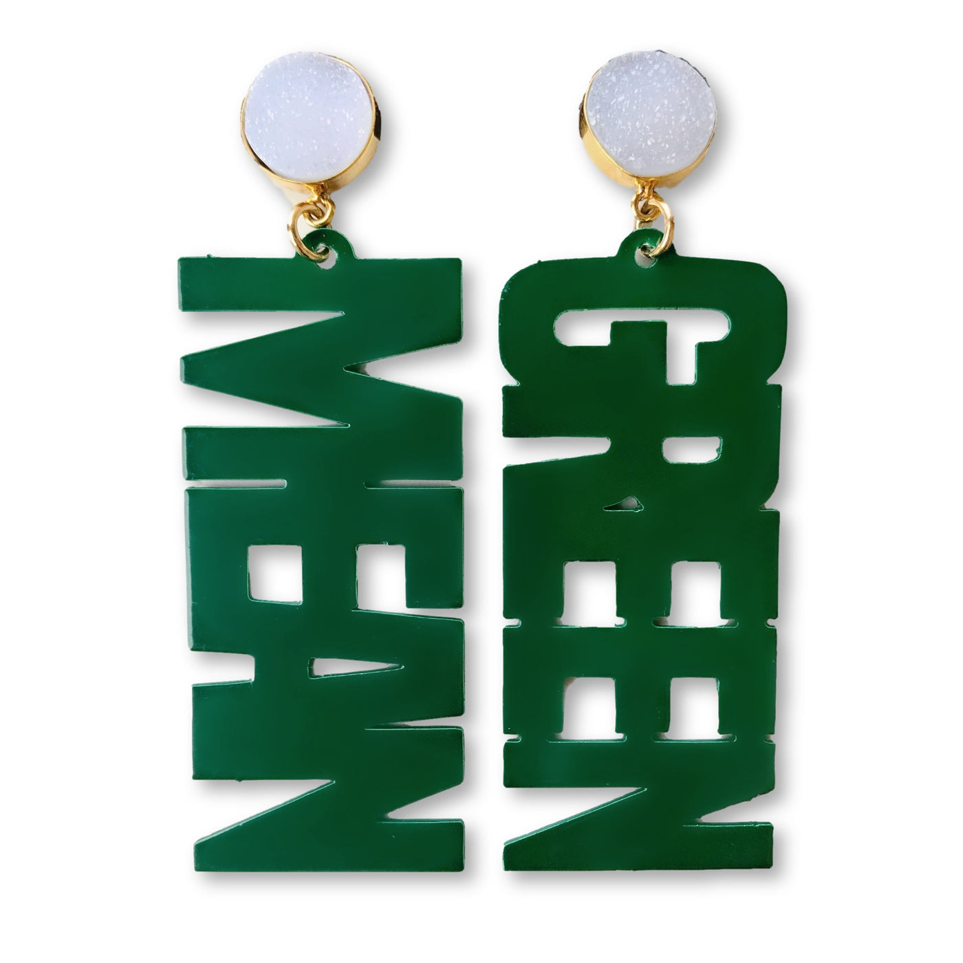 UNT Green "MEAN GREEN" Earrings with White Druzy
