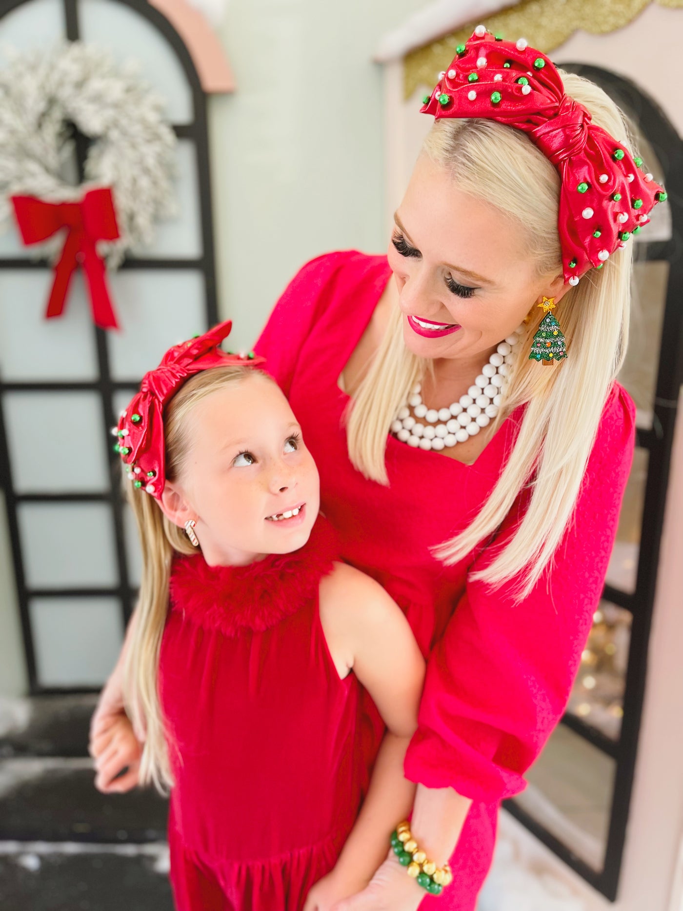 Adult Red Christmas Bow Headband with Beads