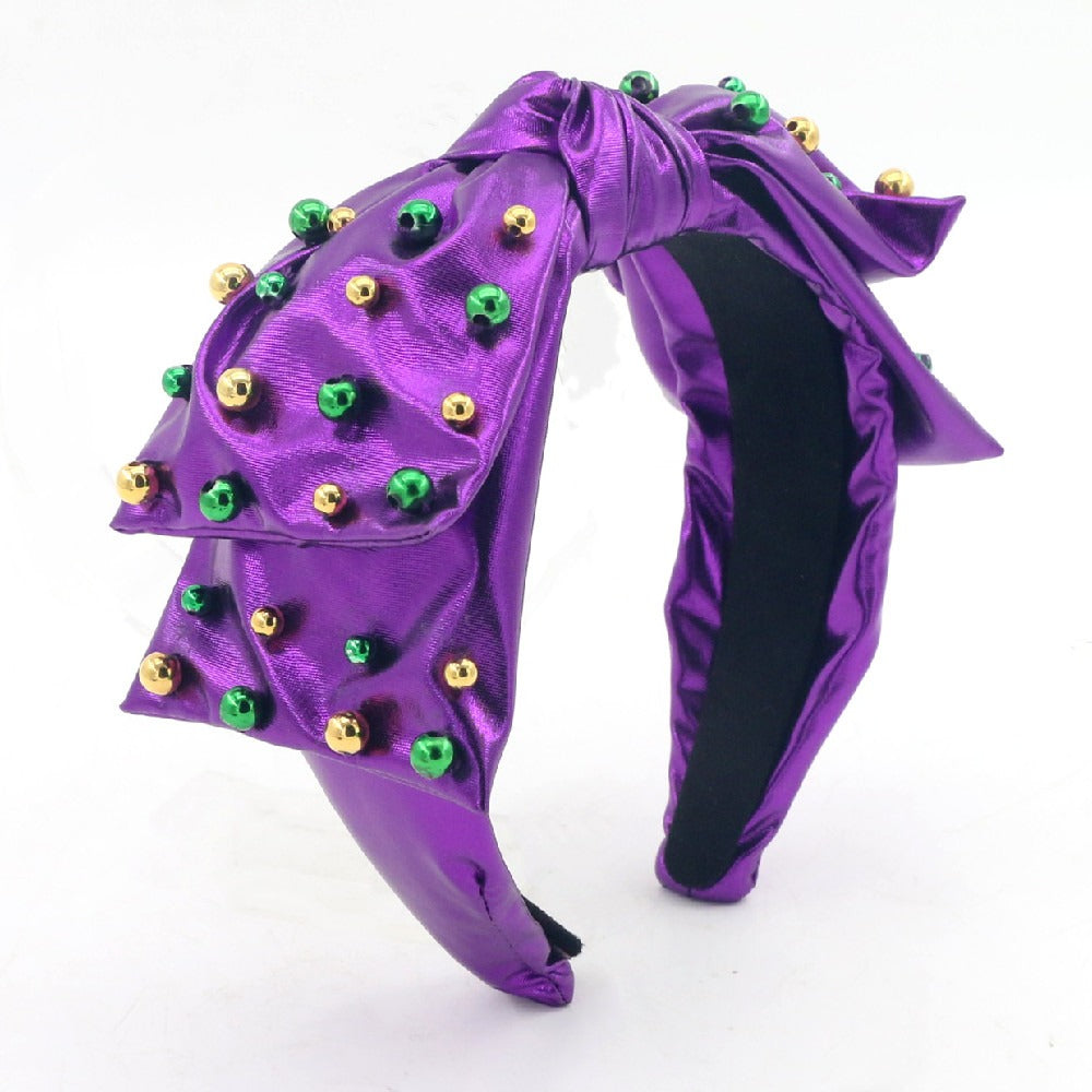 Adult Size Purple Mardi Gras Side Bow Headband with Beads