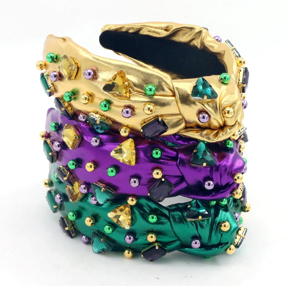 Purple Mardi Gras Headband with Gold Beads and Crystals