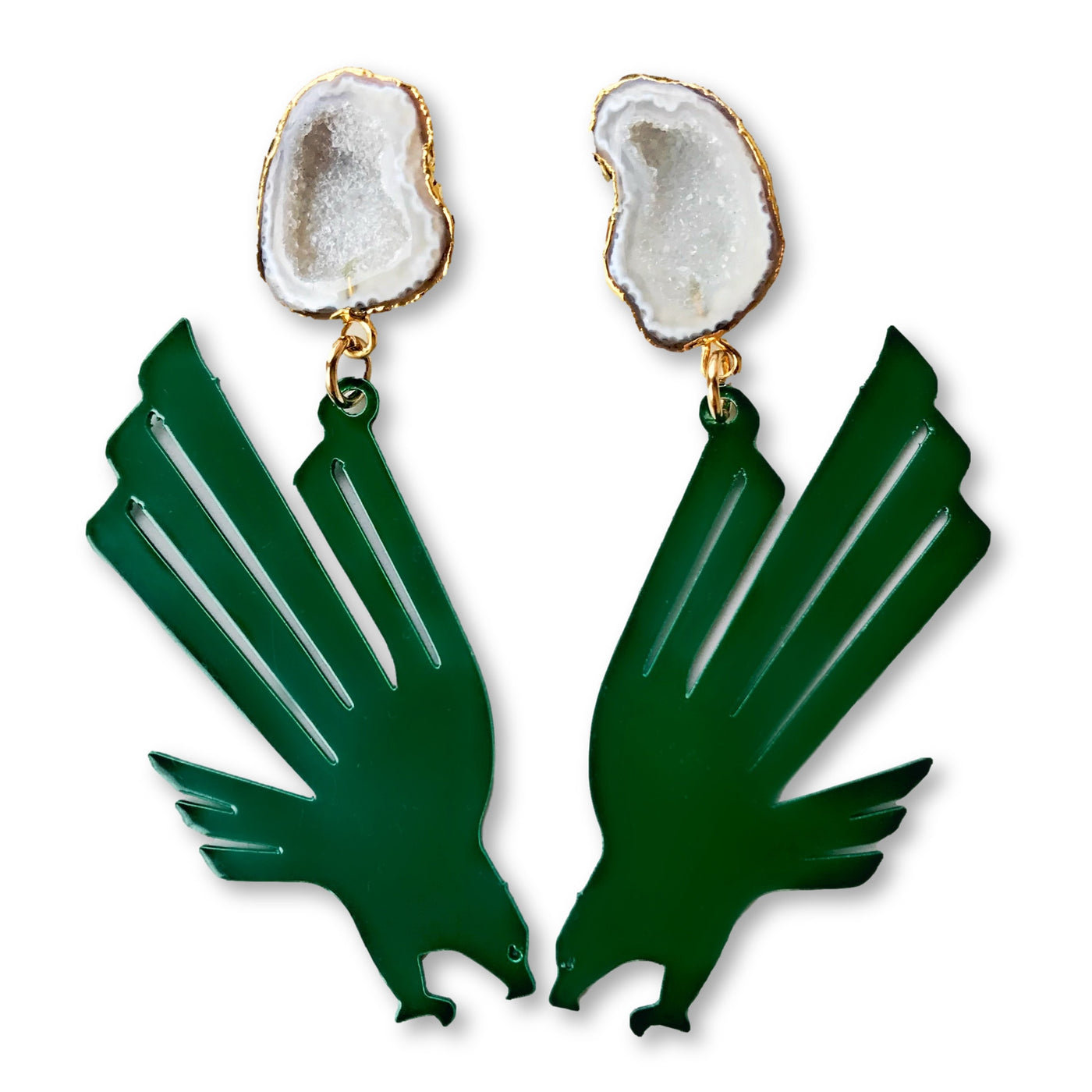 UNT Green Eagle Logo Earrings with White Geode