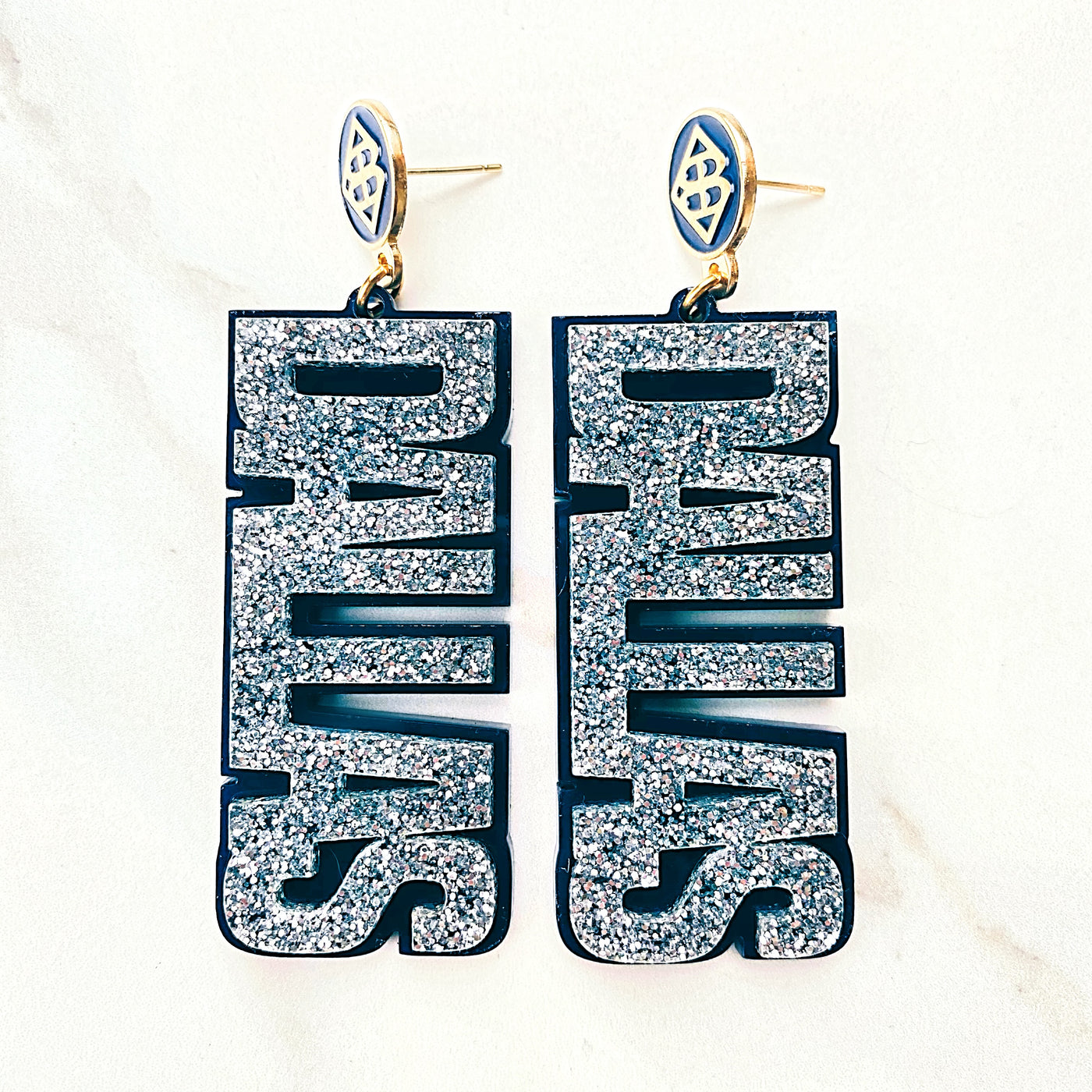 Team Colors - Silver Glitter DALLAS Earrings over Navy with Navy BC Logo Top