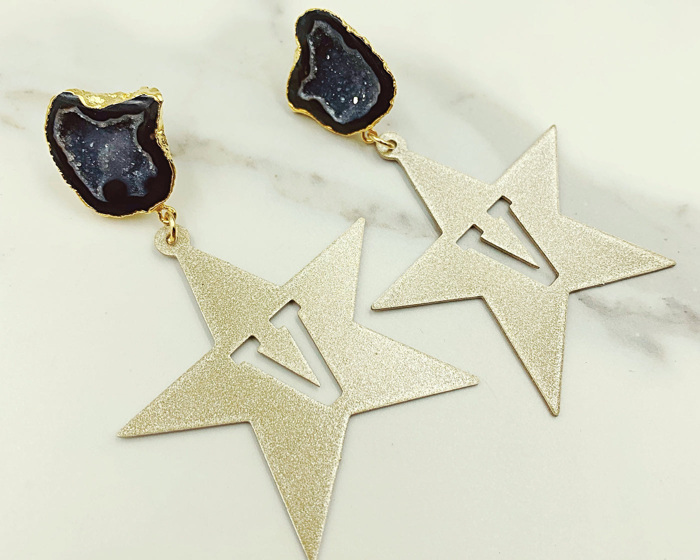 Vanderbilt Gold Tone Star Earrings with Black Geode